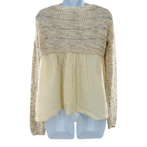 LUCKY BRAND Cream Open Weave Knit Front Blouse Back Long Sleeve Top S - Picture 4 of 11